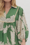 Entro Green Vneck Floral Top with Scalloped Edge