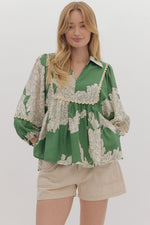 Entro Green Vneck Floral Top with Scalloped Edge