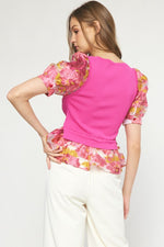 Entro Hot Pink Textured Floral Layered Sweater Top