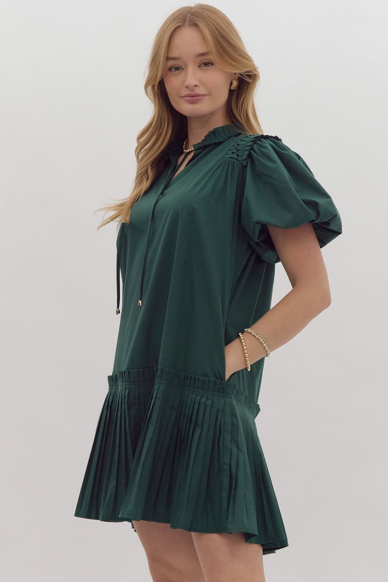 Entro Hunter Green Puff Sleeve Pleated Dress