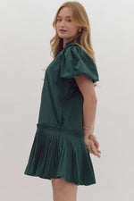 Entro Hunter Green Puff Sleeve Pleated Dress