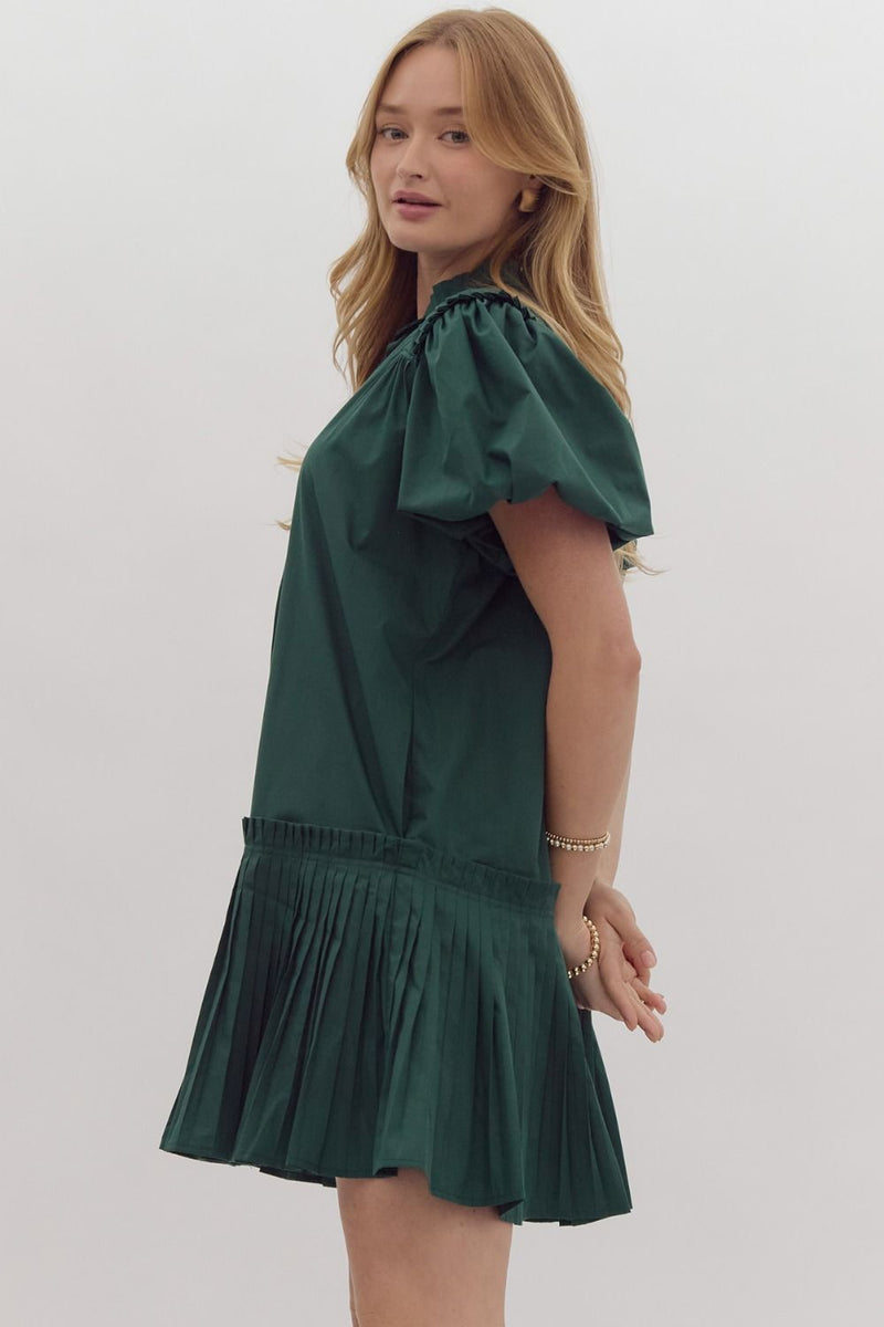 Entro Hunter Green Puff Sleeve Pleated Dress