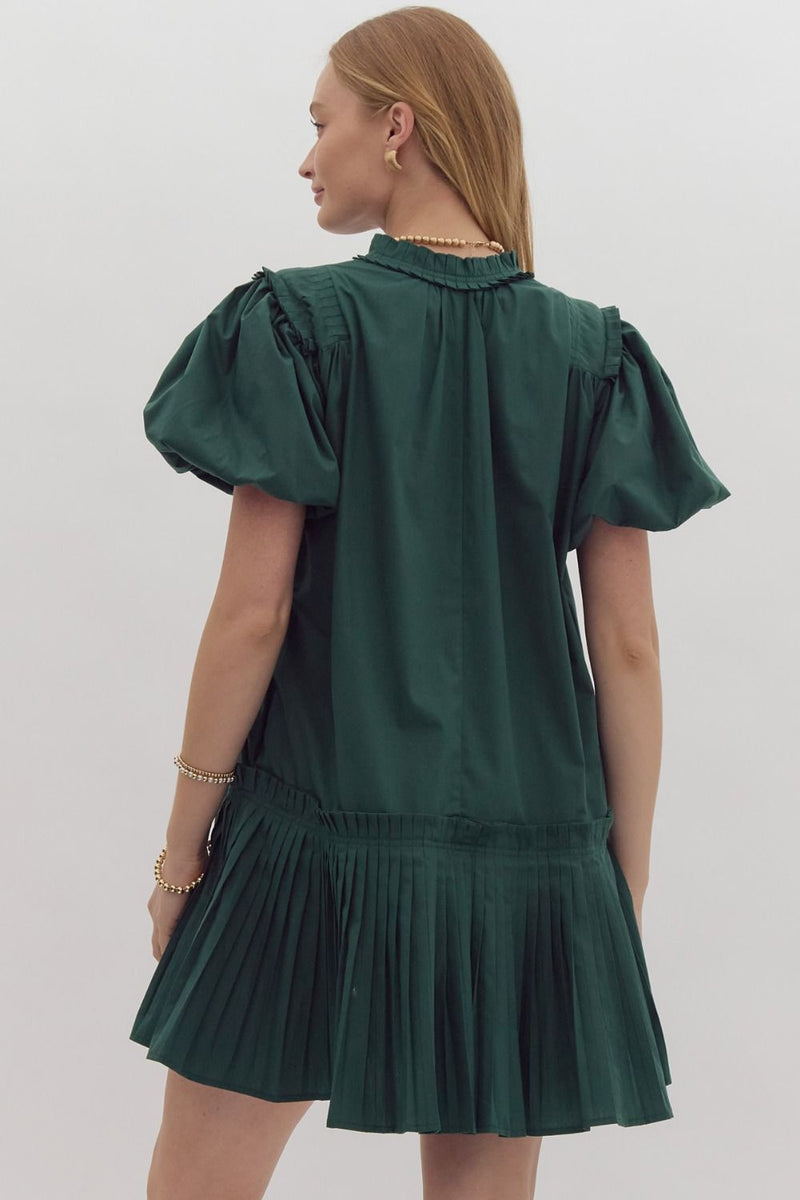 Entro Hunter Green Puff Sleeve Pleated Dress