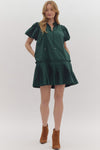 Entro Hunter Green Puff Sleeve Pleated Dress