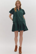 Entro Hunter Green Puff Sleeve Pleated Dress