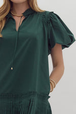 Entro Hunter Green Puff Sleeve Pleated Dress