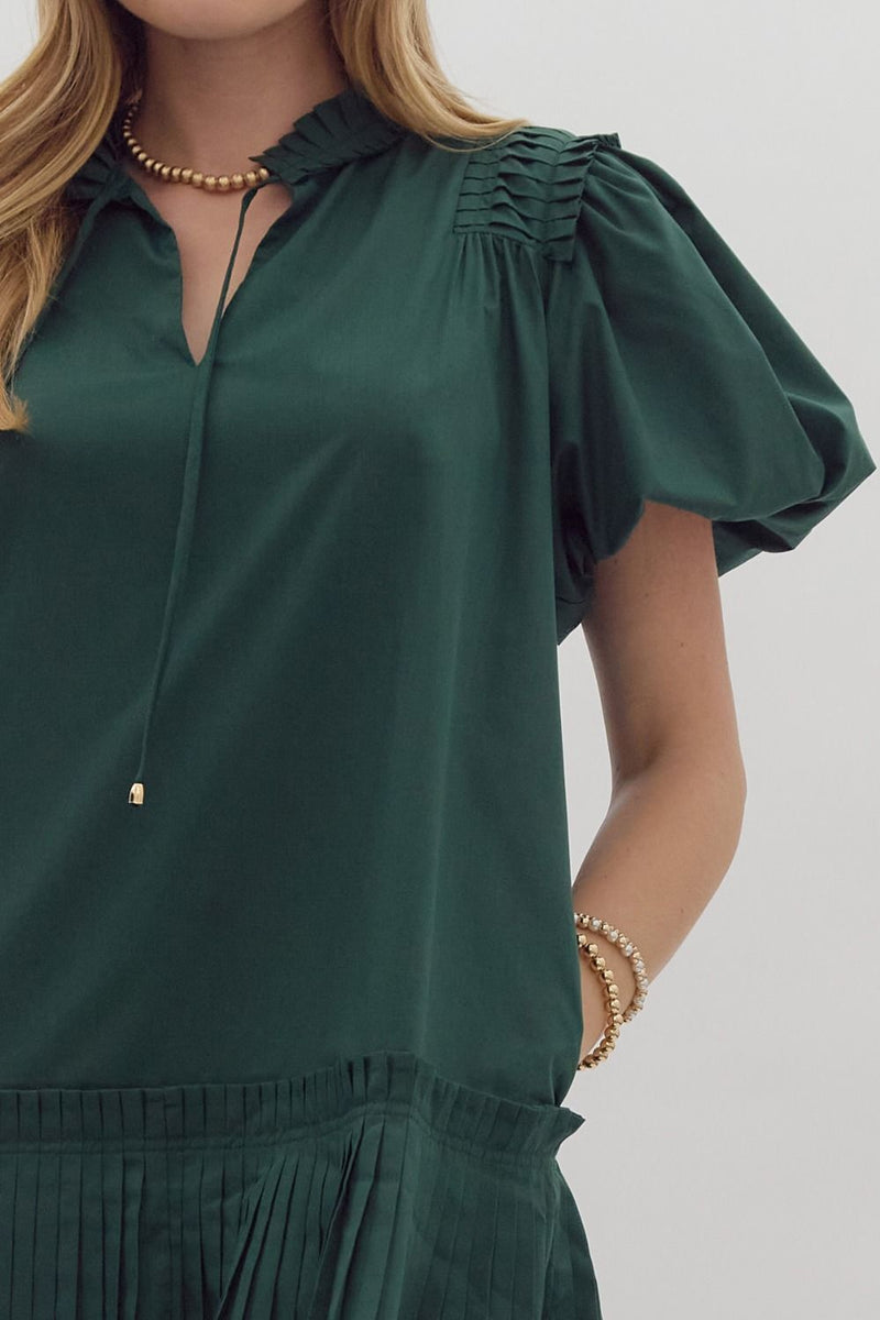 Entro Hunter Green Puff Sleeve Pleated Dress