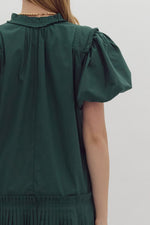 Entro Hunter Green Puff Sleeve Pleated Dress