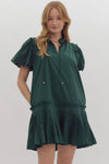 Entro Hunter Green Puff Sleeve Pleated Dress