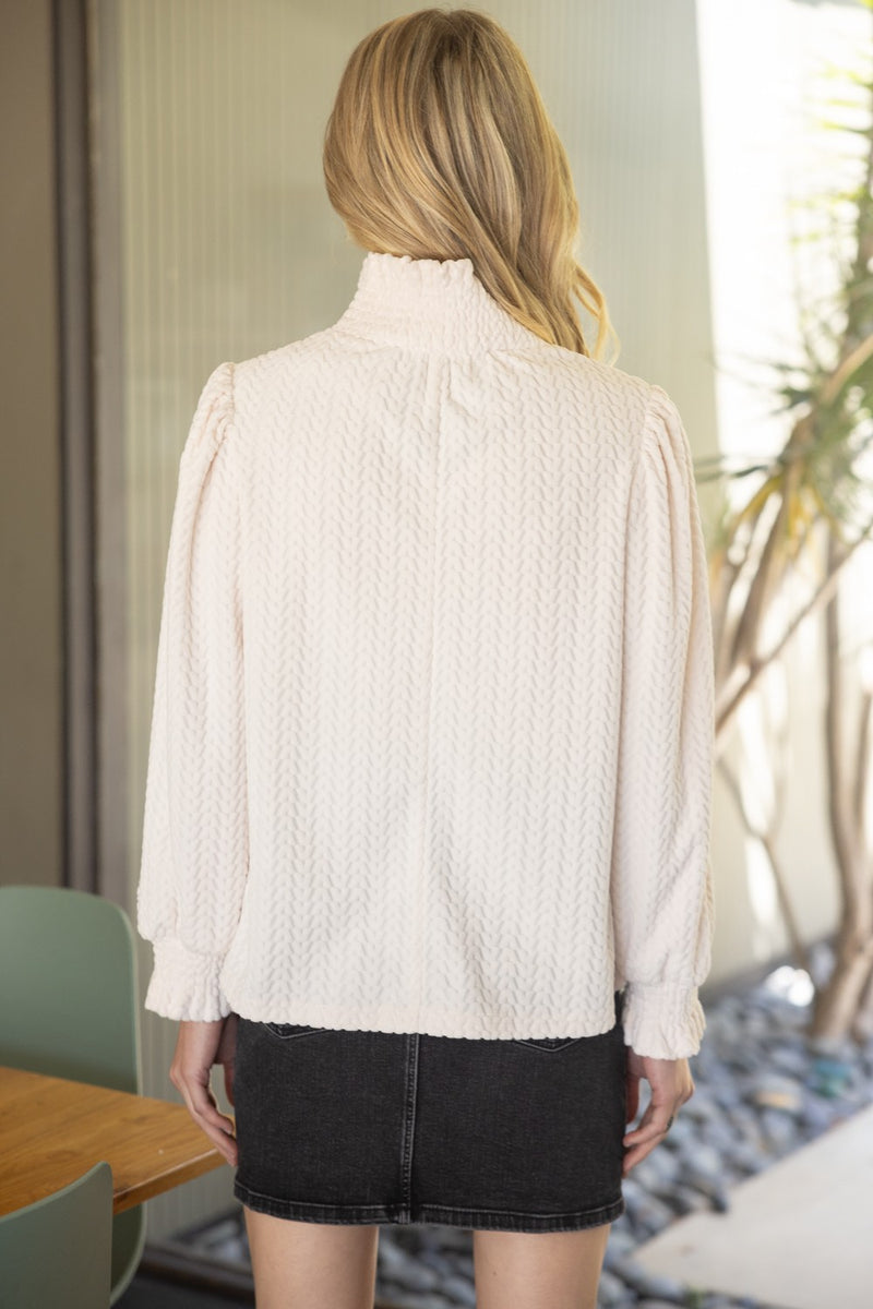 Voy Ivory Smocked High Neck Long Sleeve Knit Top