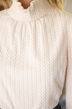 Voy Ivory Smocked High Neck Long Sleeve Knit Top