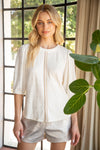 Voy Ivory Front Trim Detailed Puff Sleeve Knit Top