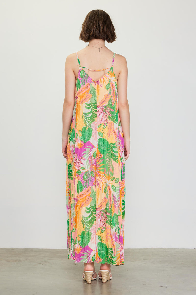 Skies Are Blue Tropical Pink Guava  Printed Pleated Maxi Dress