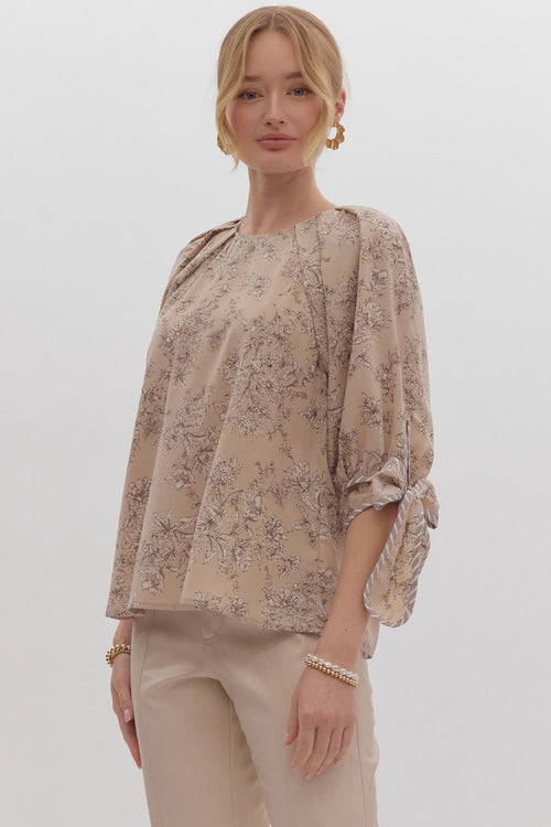 Entro Mocha Floral Print Half Sleeve Top with Self-Tie Cuffs