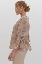 Entro Mocha Floral Print Half Sleeve Top with Self-Tie Cuffs