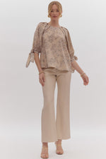 Entro Mocha Floral Print Half Sleeve Top with Self-Tie Cuffs