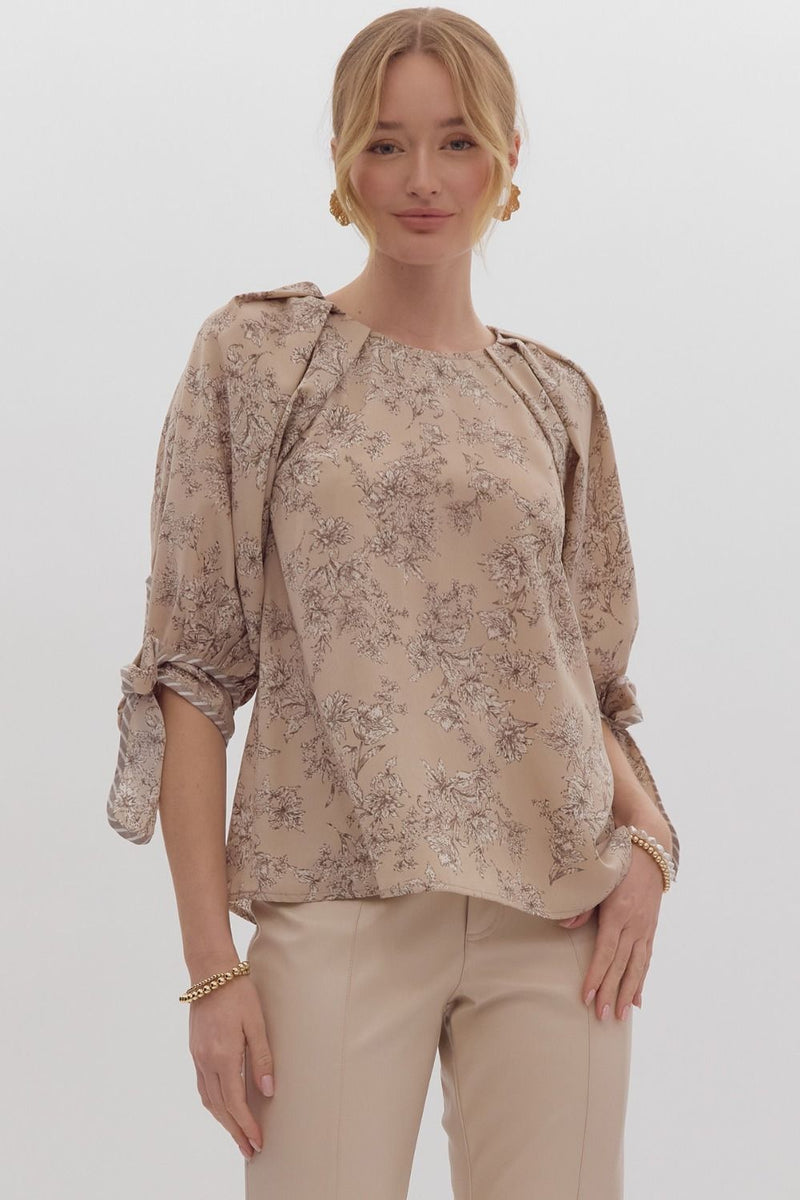 Entro Mocha Floral Print Half Sleeve Top with Self-Tie Cuffs