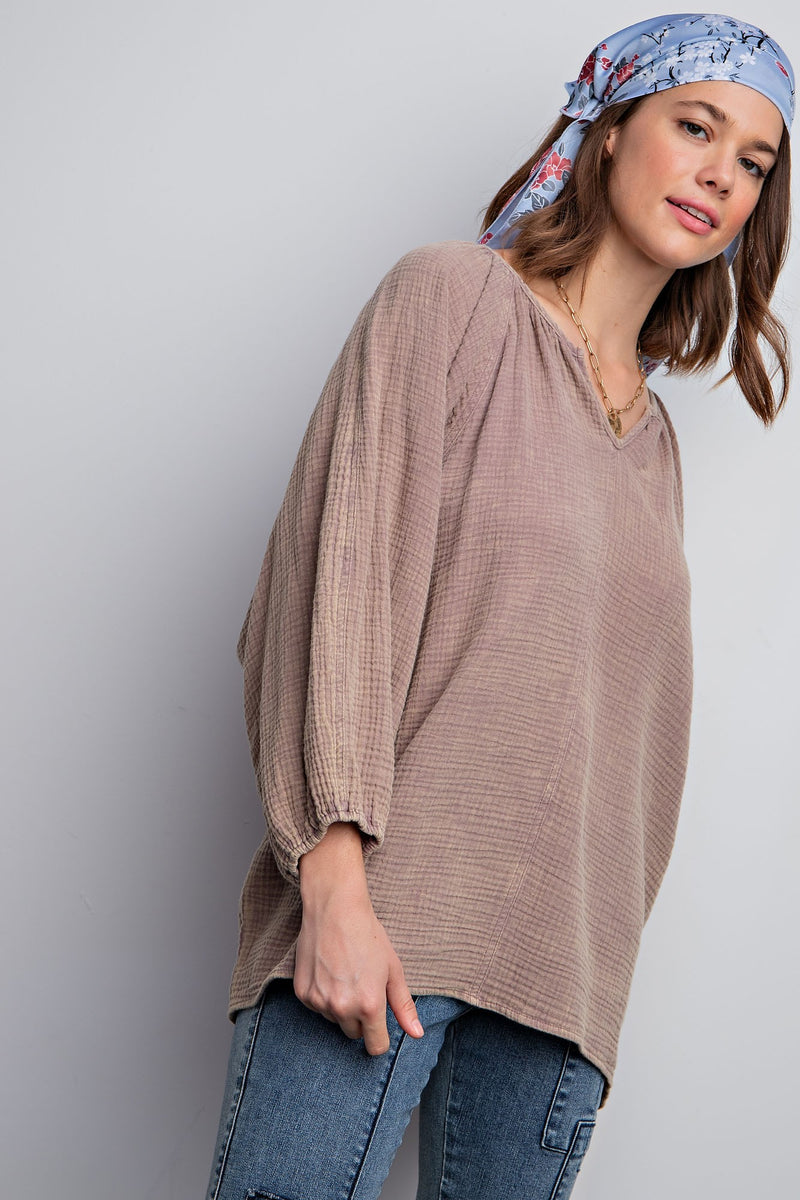 Easel Mocha Dolman Sleeve Gauze Cotton Top