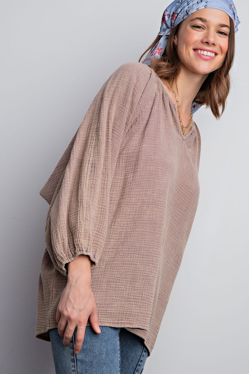 Easel Mocha Dolman Sleeve Gauze Cotton Top