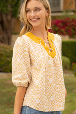Voy Mustard and Ivory Suede Lace Up Printed Top