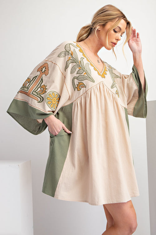 Easel Khaki Olive Embroidered Dress