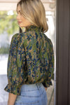 Voy Olive Smocked Mock Neck Pleated Floral Top