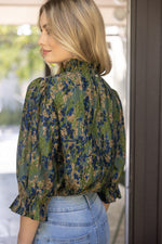 Voy Olive Smocked Mock Neck Pleated Floral Top