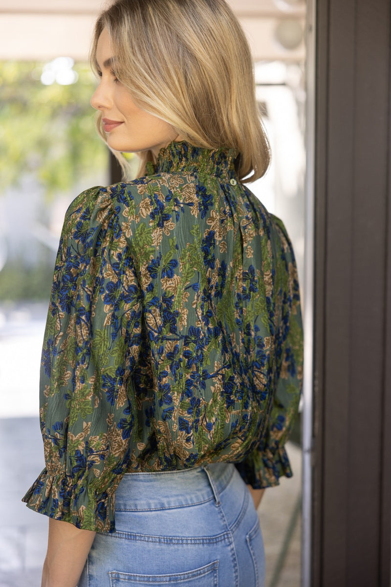 Voy Olive Smocked Mock Neck Pleated Floral Top