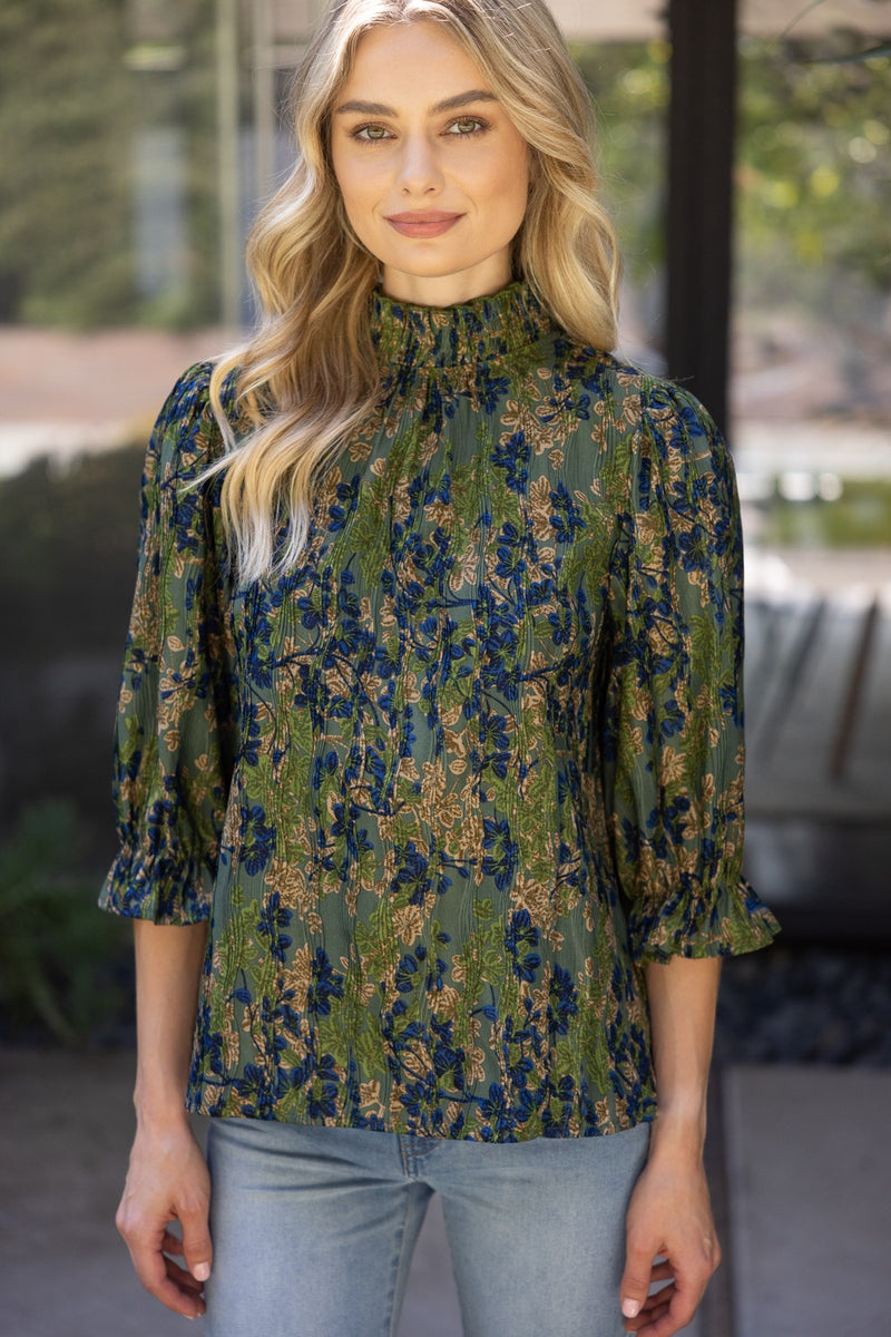 Voy Olive Smocked Mock Neck Pleated Floral Top