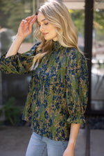 Voy Olive Smocked Mock Neck Pleated Floral Top