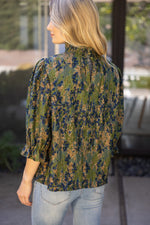 Voy Olive Smocked Mock Neck Pleated Floral Top