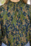 Voy Olive Smocked Mock Neck Pleated Floral Top