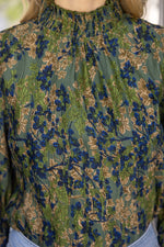 Voy Olive Smocked Mock Neck Pleated Floral Top