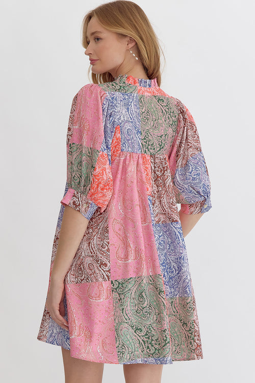 Entro Red and Blue Paisley Vneck Puff Sleeve Dress