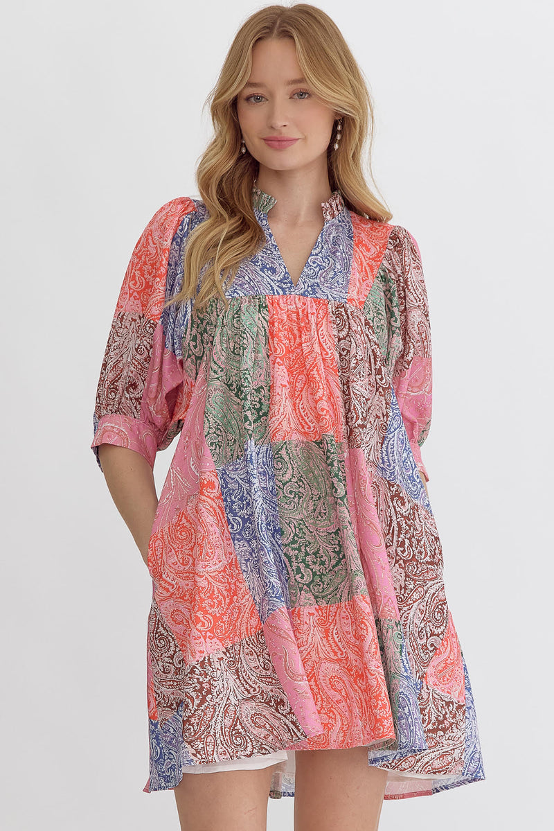 Entro Red and Blue Paisley Vneck Puff Sleeve Dress