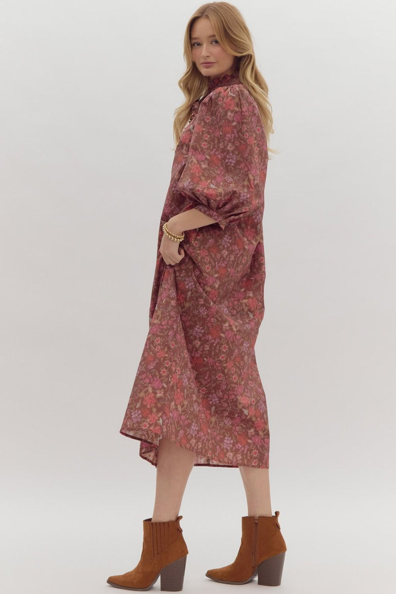 Entro Pink and Brown Floral Poplin Dress