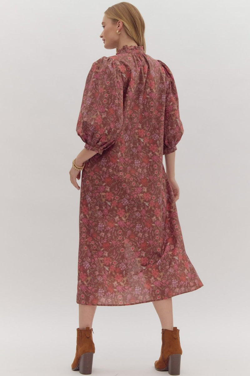 Entro Pink and Brown Floral Poplin Dress