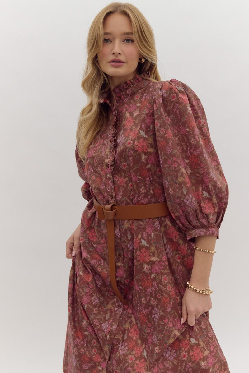 Entro Pink and Brown Floral Poplin Dress