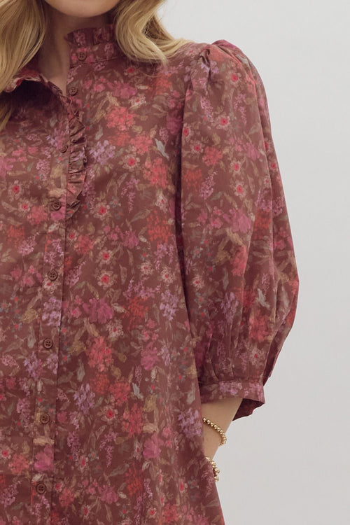 Entro Pink and Brown Floral Poplin Dress