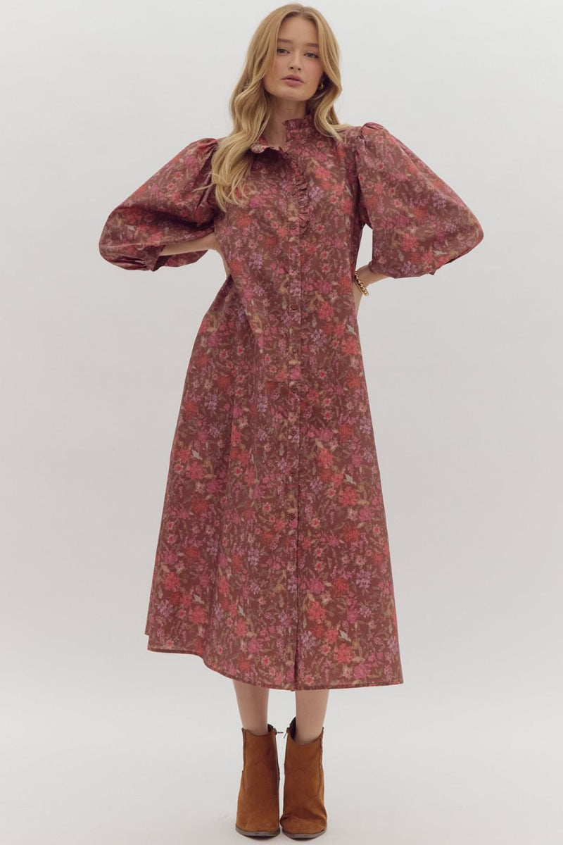 Entro Pink and Brown Floral Poplin Dress