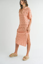 Mable Peach Crochet Sweater Collared Midi Dress