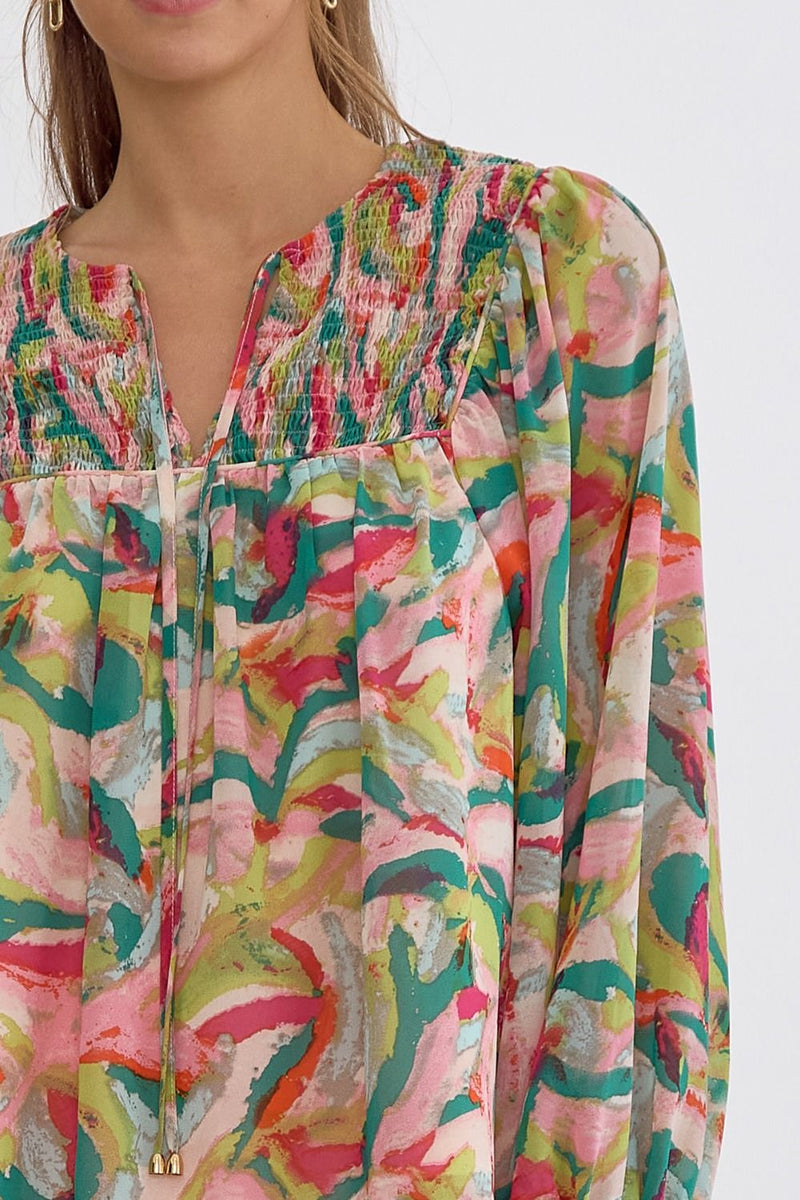 Entro Green and Pink Printed Vneck Long Sleeve Top