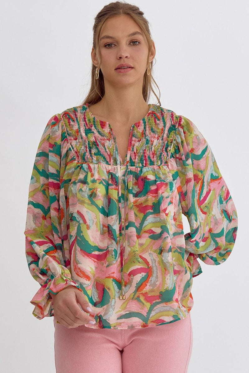 Entro Green and Pink Printed Vneck Long Sleeve Top