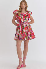 Entro Pink Floral Square Neck Ruffle Sleeve Mini Dress