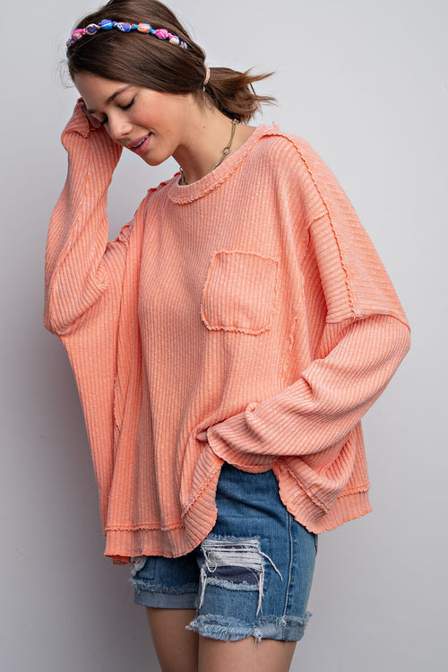 Easel Pomelo Long Sleeve Ribbed Mineral Washed Top