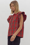 Entro Red Plaid Ruffle Sleeve Top