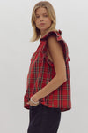 Entro Red Plaid Ruffle Sleeve Top