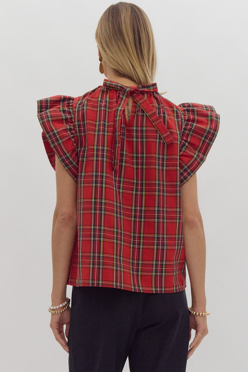 Entro Red Plaid Ruffle Sleeve Top