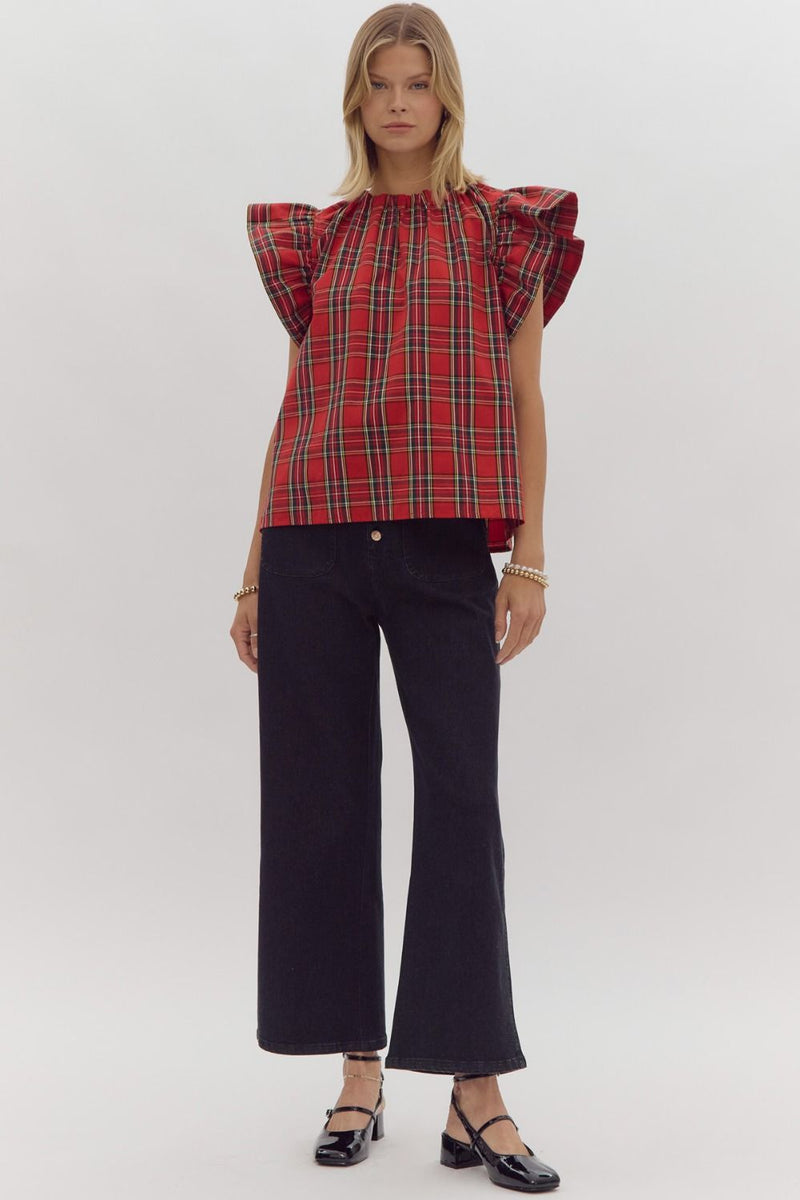 Entro Red Plaid Ruffle Sleeve Top