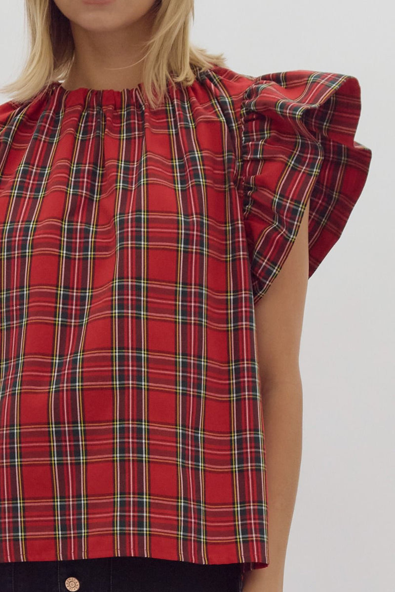 Entro Red Plaid Ruffle Sleeve Top